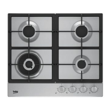 Plita incorporabila Beko, 60 cm, gaz, 4 arzatoare, aprindere integrata, suport vase fonta, inox, Argintiu