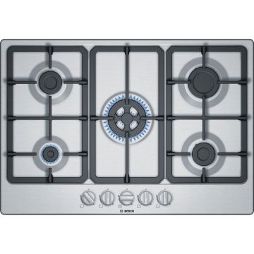 Plita incorporabila Bosch Serie 4 PGQ7B5B90, 5 arzatoare, gaz, aprindere electrica, gratare fonta, WOK, inox