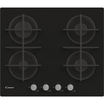 Plita incorporabila Candy CVG6B, 4 arzatoare gaz, Siguranta gaz, Control butoane, 60 cm, Sticla neagra