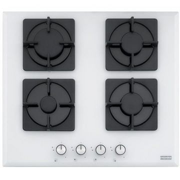Plita incorporabila FHNS 604 4G WH C, gaz, 4 arzatoare, aprindere electrica, valva de siguranta, arzatoare si gratare fonta, sticla alba