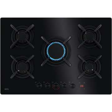 Plita incorporabila pe gaz AEG HKB75453NB, 75 cm, conexiune Hob2Hood, Gratare de fonta, Sticla neagra