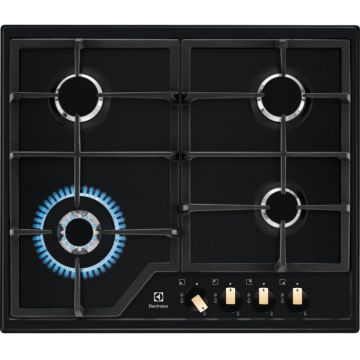 Plita incorporabila pe gaz Electrolux KGS6436RK, 4 zone de gatit, aprindere electrica, dispozitiv de siguranta, arzator Wok, gratare fonta, 60 cm, negru