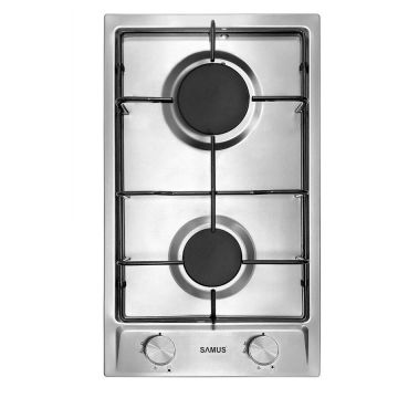 Plita incorporabila Samus PSG-32SX3, Gaz, 2 arzatoare, Gratar metalic, Sistem siguranta arzatoare, Aprindere electrica, L 29 cm, Inox