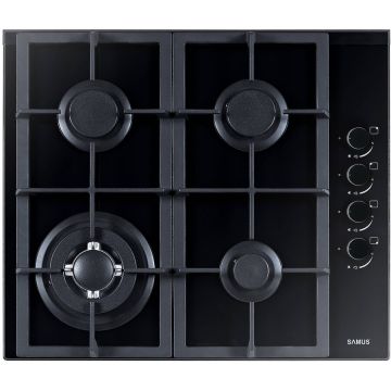 Plita incorporabila Samus PSG-64SG4, Gaz, 4 arzatoare, Gratare fonta, Sistem siguranta arzatoare, Aprindere electrica, 58x50 cm, Sticla neagra