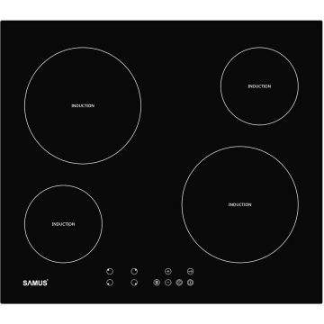 Plita incorporabila Samus PSI-64BG8, Inductie, 4 zone de gatit, Touch control, 9 setari putere, Timer, Blocare acces copii, L 60 cm, Vitroceramica, Negru