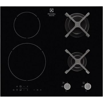 Plita mixta Electrolux EGD6576NOK, 4 zone de gatit, 2 zone gaz, 2 zone inductie, 60 cm, aprindere electrica, negru