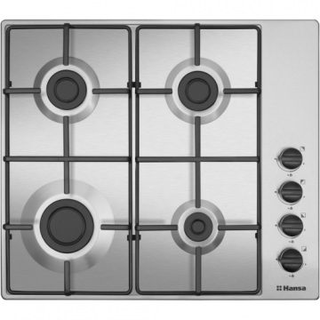 Plita pe gaz incorporabila Hansa BHGI620130, 4 arzatoare, putere 7.4 kW, aprindere electrica, dispozitiv siguranta arzatoare, suporturi emailate pentru vasele de gatit, argintie