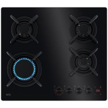 Plita incorporabila AEG HKB64453NB, 4 arzatoare, Aprindere electrica, Gratare fonta, Timer electronic, 60 cm (Negru)