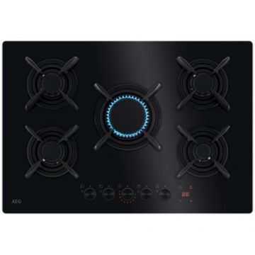 Plita incorporabila AEG HKB75453NB, 5 arzatoare, Aprindere electrica, Gratare fonta, Timer electronic, 75 cm (Negru)