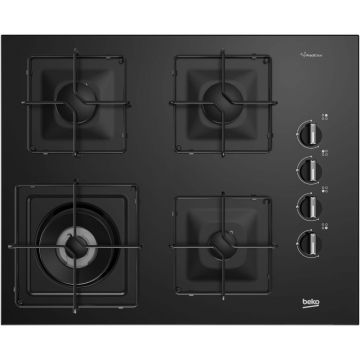 Plita incorporabila Beko BISW65120SB, Gaz, 4 arzatoare, 65 x 52 cm, Sticla neagra