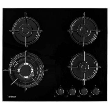 Plita incorporabila Beko HISW64220S, Gaz, 4 arzatoare, Aprindere electrica, Wok, Sticla Neagra