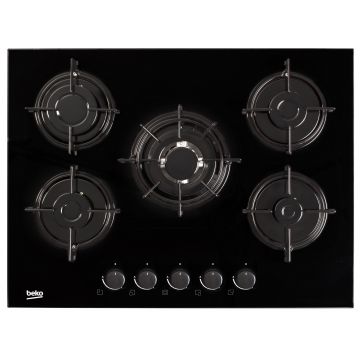 Plita incorporabila Beko HISW75220S, Gaz, 5 arzatoare, WOK, Aprindere electrica, Negru
