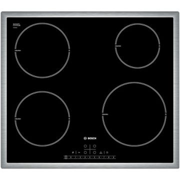 Plita incorporabila cu inductie Bosch PIE645F17E, 4 zone gatit, Rama inox, Touch control, Sticla neagra