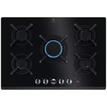 Plita incorporabila Electrolux KGG753753K, Gaz, 5 arzatoare, Aprindere electrica, Gratare fonta, Timer electronic, Conectivitate hota, 75 cm (Negru)