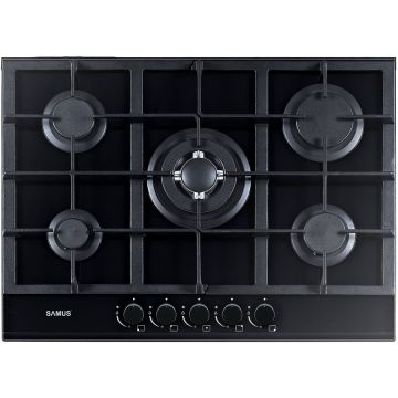 Plita incorporabila PSG-75SG Latime 68cm 5 arzatoare pe gaz Gratare din fonta Panou de control frontal Sticla neagra