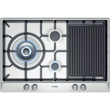 Plita pe gaz Bosch PCX815B90E, Wok, placa gratar, 75 Cm, Inox