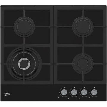 Beko Plita incorporabila Beko HILW64225S, alimentare gaz, 4 zone de gatit, wok, 2 gratare din fonta, 60 cm, negru