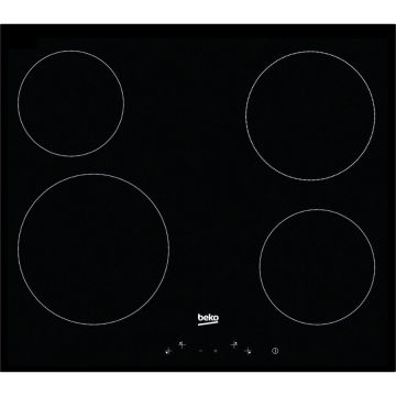 Beko Plita vitroceramica, 4 zone de gatit, putere totala 6,8kW, 9 trepte setare putere, control frontal touch, indicator luminos On/Off, indicator caldura reziduala, oprire automata, 60 cm latime