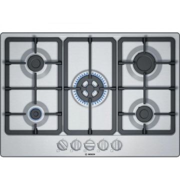 BOSCH Plita incorporabila Bosch PGQ7B5B90, Gaz, 5 Arzatoare, Aprindere electrica, Gratare fonta, Arzator Wok, Siguranta arzatoare, 75 cm, Inox