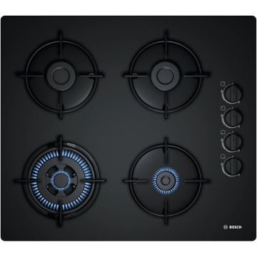 BOSCH Plita incorporabila Bosch POH6B6B10, 4 Arzatoare, Gaz, Aprindere electrica, Arzator Wok, 60 cm, Negru