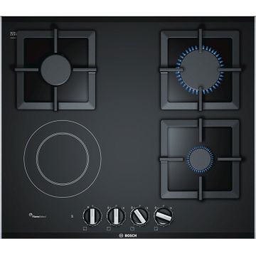 BOSCH Plita incorporabila Bosch PSY6A6B20, Vitroceramica mixta, 3 arzatoare, 1 zona de gatit, Gratare fonta, Negru