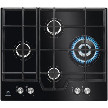 Electrolux Plita incorporabila Electrolux KGG6456K, Gaz, 4 arzatoare, Aprindere electrica, Arzator Wok, Dispozitiv de siguranta, Gratare fonta, 60 cm, Sticla neagra