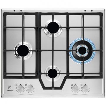 Electrolux Plita incorporabila Electrolux KGS64562SX, Gaz, 4 arzatoare, Arzator Wok. Aprindere electrica integrata, Dispozitiv siguranta, Gratare fonta, 60 cm, Inox