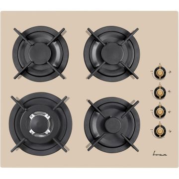 Fram Plita incorporabila Fram FBH-V4IWF-RGBG, Gaz, 4 arzatoare, Wok, Gratar fonta, Aprindere electrica, Dispozitiv de siguranta, Design rustic, 60 cm, Crem