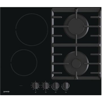 Gorenje Plita incorporabila Gorenje GCE691BSC, Mixta, 2 zone de gatit, 2 arzatoare gaz, Control butoane, Gratar fonta, Indicator caldura reziduala, 60 cm, Negru