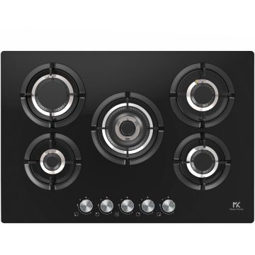 Master Kitchen Plita incorporabila Master Kitchen MKHG 7541EDS-FTCBK, Gaz, 5 arzatoare, Gratare fonta, Arzator coroana tripla, Aprindere electica integrata, Sistem siguranta, 75 cm, Sticla neagra