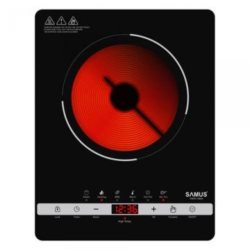 Plita Electrica Vitroceramica Samus PSVFE-11BG4, Infrarosu, Portabila, 2000 W, Control Tactil, 10 Trepte putere, Presetari multifunctionale: Steam, Heating, BBQ, Warm, Hot Pot, Stir-Fry, Negru Mat