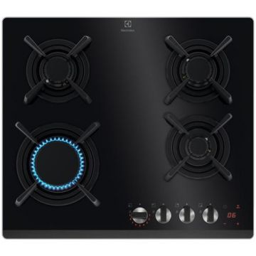 Plita incorporabila Electrolux KGG643753K, Gaz, 4 arzatoare, Aprindere electrica, Gratare fonta, Timer electronic, Conectivitate hota, 60 cm (Negru)