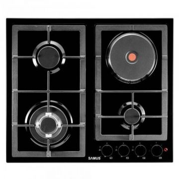 Plita Incorporabila Mixta Samus PSGE-63SB1, 3 arzatoare pe gaz + 1 arzator electric, Sisteme de siguranta la arzatoare pe gaz, Aprindere electrica, Negru