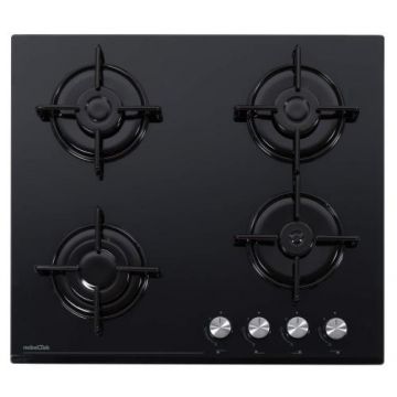 Plita incorporabila Nobeltek NHBG-6400BK, Gaz, 4 arzatoare, Sticla, Aprindere electrica, Gratar emailat rotund (Negru)
