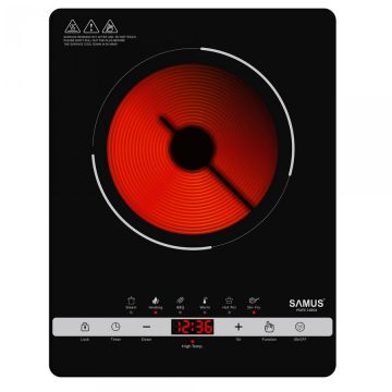 Samus Plita Electrica Vitroceramica Samus PSVFE-11BG4, Infrarosu, Portabila, 2000 W, Control Tactil, 10 Trepte putere, Presetari multifunctionale: Steam, Heating, BBQ, Warm, Hot Pot, Stir-Fry, Negru Mat