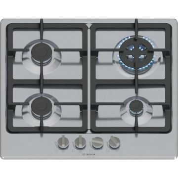 BOSCH Plita incorporabila Bosch PGH6B5K90, Gaz, 4 arazatoare, Gratar fonta, Arzator Wok, 60 cm, Inox