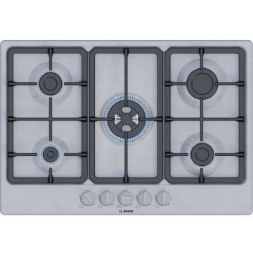 BOSCH Plita incorporabila Bosch PGQ7B5K90, Gaz, 5 arzatoare, Arzator Wok, Gratar fonta, 75 cm, Inox