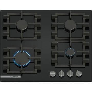 BOSCH Plita incorporabila Bosch PNN6B6K40, Gaz, 4 arzatoare, Gratar fonta, 60 cm, Sticla neagra