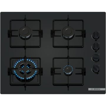 BOSCH Plita incorporabila Bosch POH6B6K30, Gaz, 4 arzatoare, Arzator Wok, Gratar otel, 60 cm, Sticla neagra