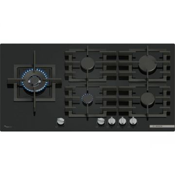 BOSCH Plita incorporabila Bosch PPM9A6I40, gaz, 5 arzatoare, Flame select, Arzator Wok, Gratar fonta, 90 cm, Sticla neagra