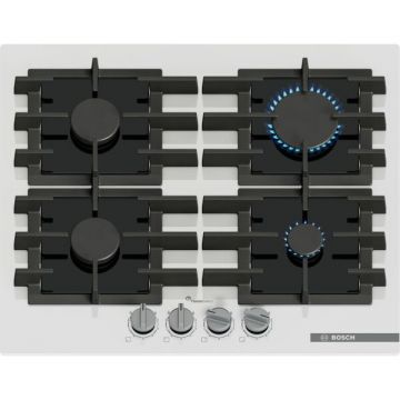 BOSCH Plita incorporabila Bosch PPP6A2I40, Gaz, 4 arzatoare, Flame select, Gratar fonta, 60 cm, Sticla alba