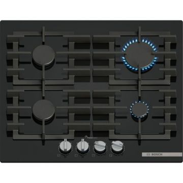 BOSCH Plita incorporabila Bosch PPP6A6I40, Gaz, 4 arzatoare, Flame select, Gratar fonta, 60 cm, Sticla neagra
