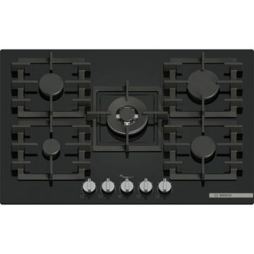 BOSCH Plita incorporabila Bosch PPQ7A6I40, gaz, 5 arzatoare, Flame select, Arzator Wok, Gratar fonta, 75 cm, Sticla neagra