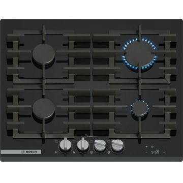 BOSCH Plita incorporabila Bosch PRP6A6H40, gaz, 4 arzatoare, Flame select, Gratar fonta, Touch control & mecanic, Smart Hood Automatic, Home Connect, 60 cm, Sticla neagra