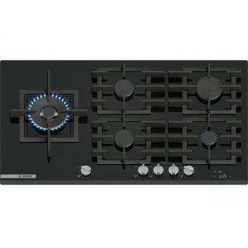 BOSCH Plita incorporabila Bosch PRS9A6H40, gaz, 5 arzatoare, Flame select, Arzator Wok, Touch control & mecanic, Gratar fonta, 90 cm, Sticla neagra