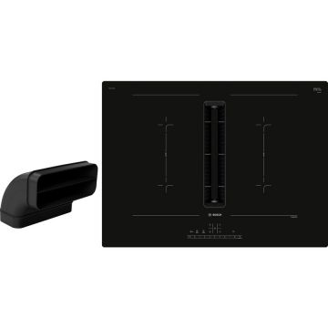BOSCH Setul Bosch PVQ711GA7 contine plita incorporabila cu inductie PVQ711F15E, 4 zone de gatit , 17 niveluri de putere, functia PowerBoost si un modul de extractie complet integrat si puternic  HEZ9VDSB2, cu un cot vertical plat de 90°, Negru