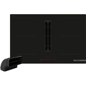 BOSCH Setul Bosch PVQ811HGA7 contine plita incorporabila cu inductie PVQ811H26E, 4 zone de gatit, 17 niveluri de putere, functia PowerBoosti, si HEZ9VDSB2 modul extractor cot 90° vertical, raza mare de actiune, Negru