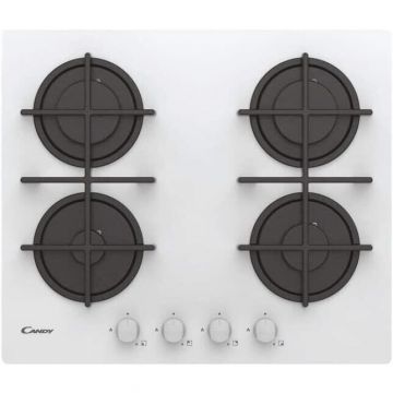 CANDY Plita incorporabila Candy CVG6WW, 4 arzatoare gaz, Siguranta gaz, Control butoane, 59.5 cm, Sticla alba