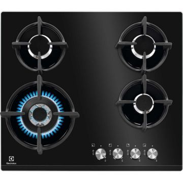 Electrolux Plita incorporabila Electrolux KGG6437K, Gaz, 4 Arzatoare, WOK, Gratare fonta, 60 cm, Sticla neagra