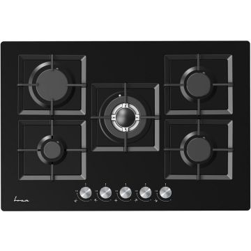 Fram Plita incorporabila Fram FBH-M705IWF-GBK, Gaz, 5 arzatoare, Gratar fonta, Wok, Aprindere electrica, Dispozitiv de siguranta, 75 cm, Sticla neagra